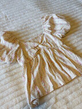 CIDER Cream & Pink Floral Puff Sleeve Bow Front Babydoll Top Size L